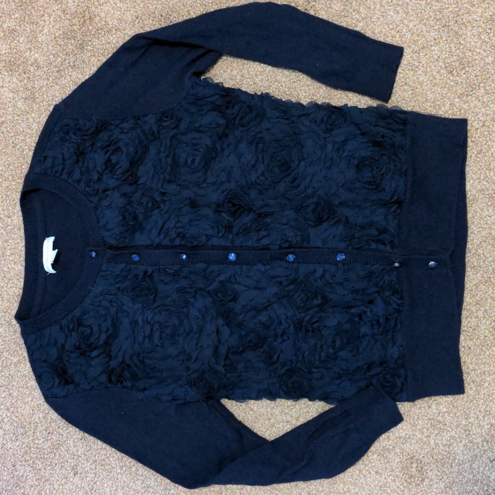 Navy Floral Appliqué Button-Up Cardigan